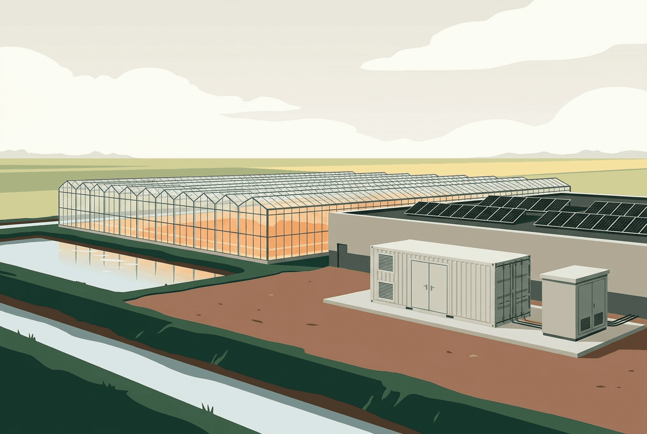Illustratie: een batterijcontainer naast een verwerkingsruimte bij een kassencomplex