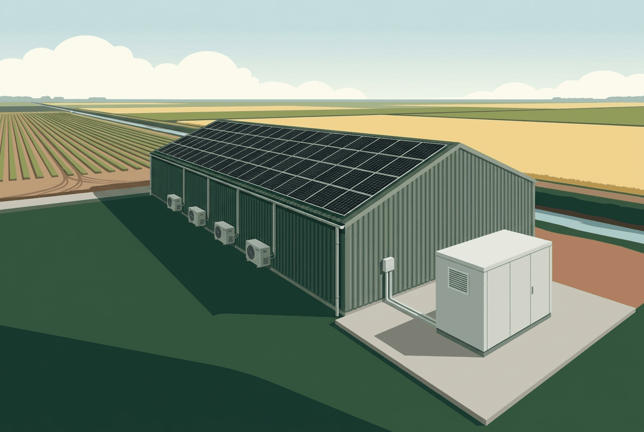 Illustratie: een batterijkast naast een bewaarschuur met zonnepanelen en koelunits