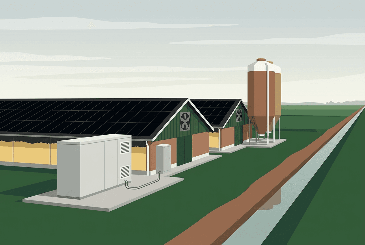 Illustratie: een batterijkast aan de kop van twee stallen met zonnepanelen en een voersilo