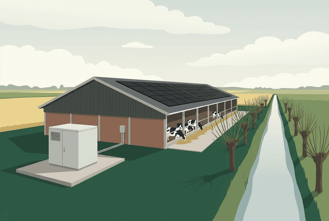 Illustratie: een batterijkast op een betonplaat naast een ligboxenstal met zonnepanelen